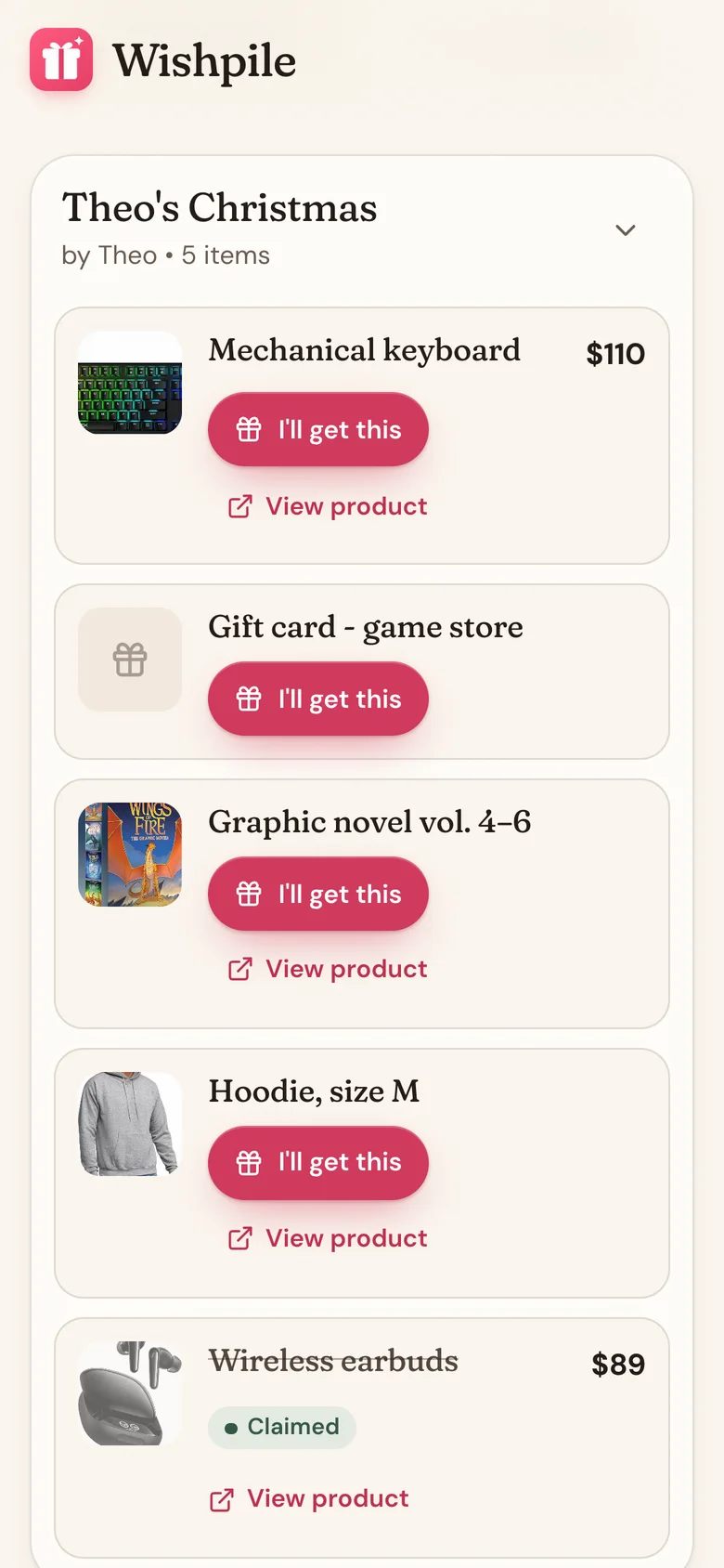 The Group wishlists tab with a family member's list open and I'll get this buttons