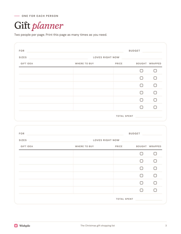 Page 3 of the printable: Gift planner