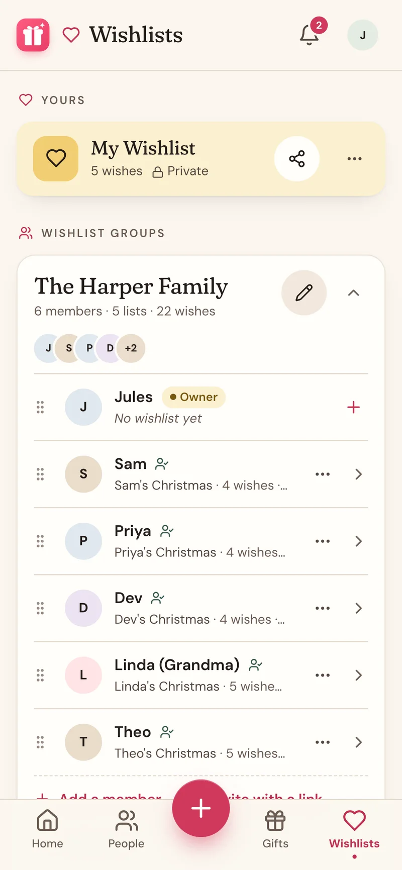 A Wishpile family group with every member's wishlist in one shared place