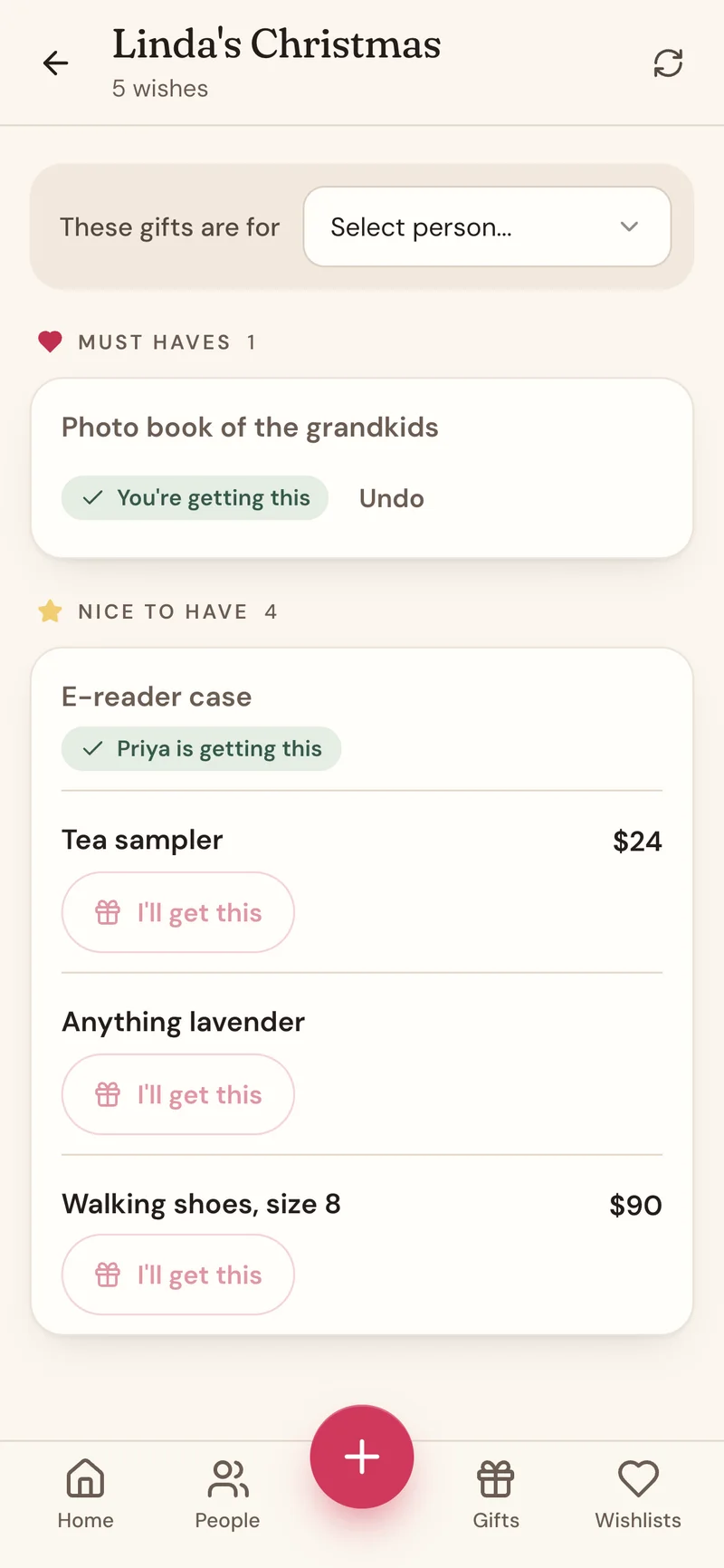 A family member's wishlist where claimed items show who is getting them, hidden from the list owner