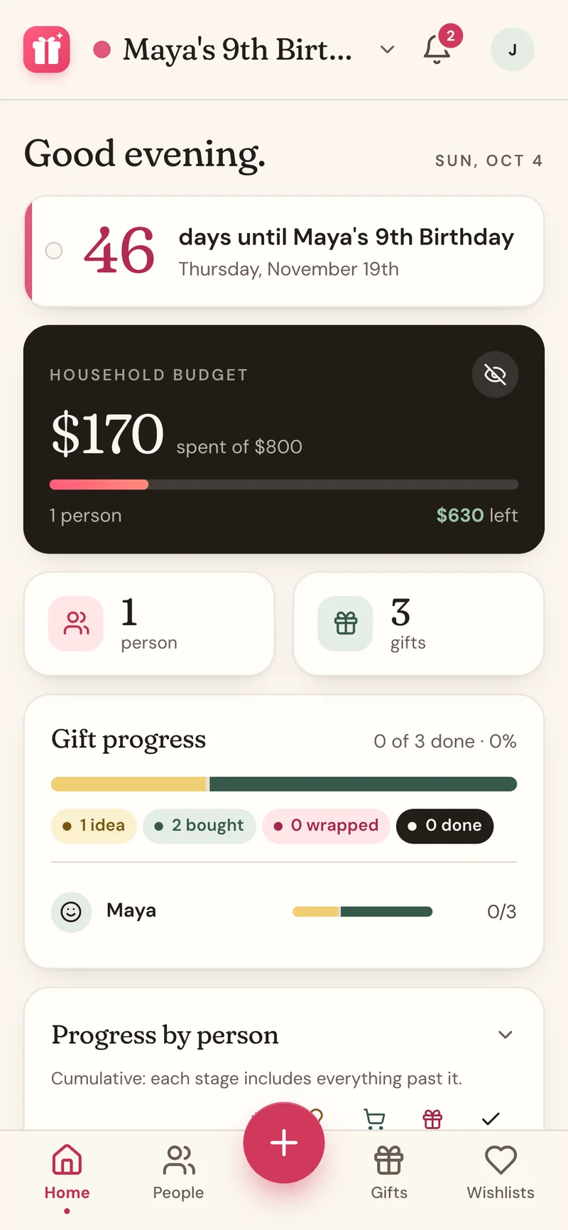 A Wishpile birthday list showing a countdown, budget, and gift progress
