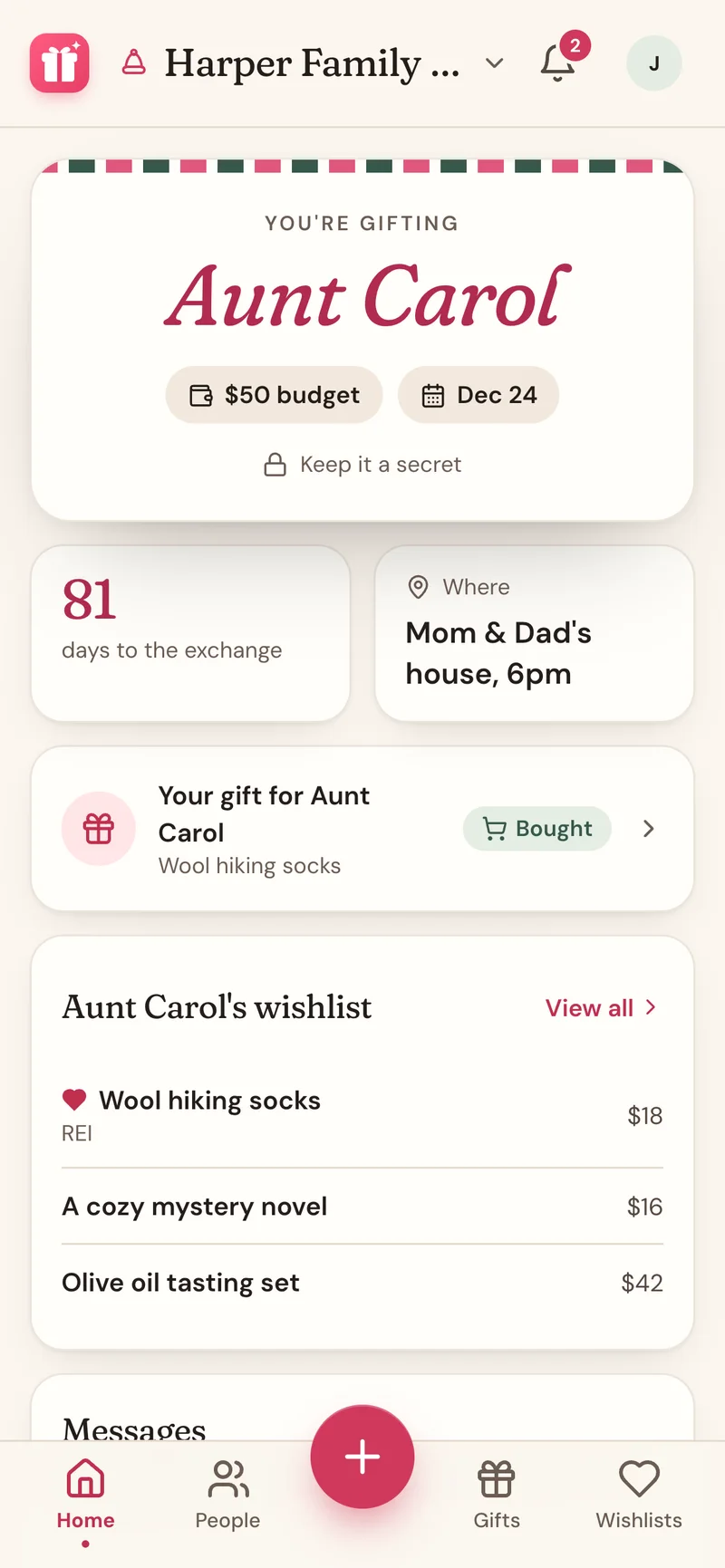 Secret Santa Home in the app: you're gifting Aunt Carol, $50 budget, Dec 24 at Mom and Dad's house, your gift for her (wool hiking socks) marked Bought, and her wishlist below