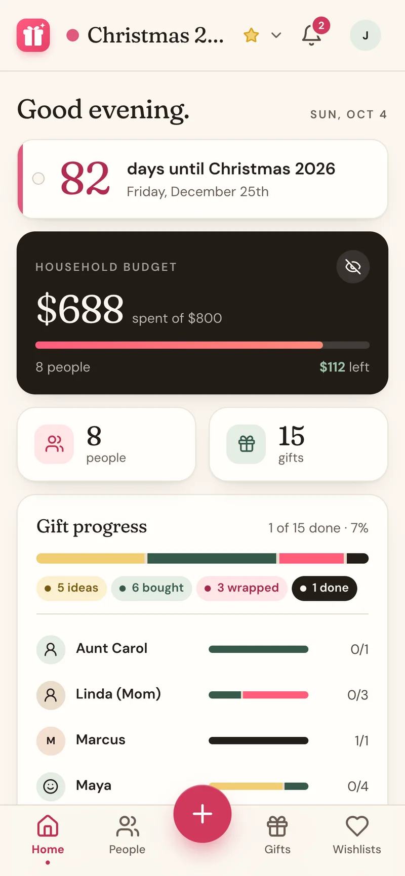 The Wishpile Christmas home screen: a countdown to December 25th, the household budget, and gift progress