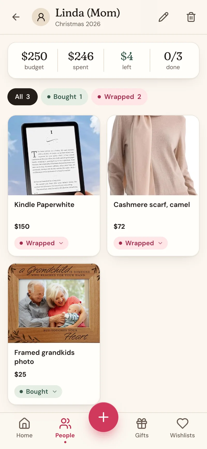 Linda's gifts as a photo board: each gift with its picture, price, store, and stage