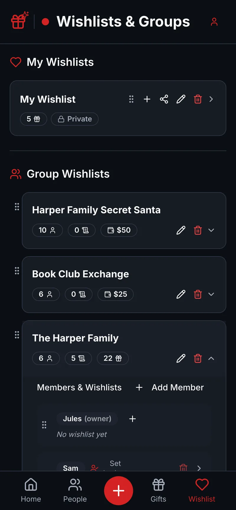 A Wishpile family group with six members and every member's wishlist in one place