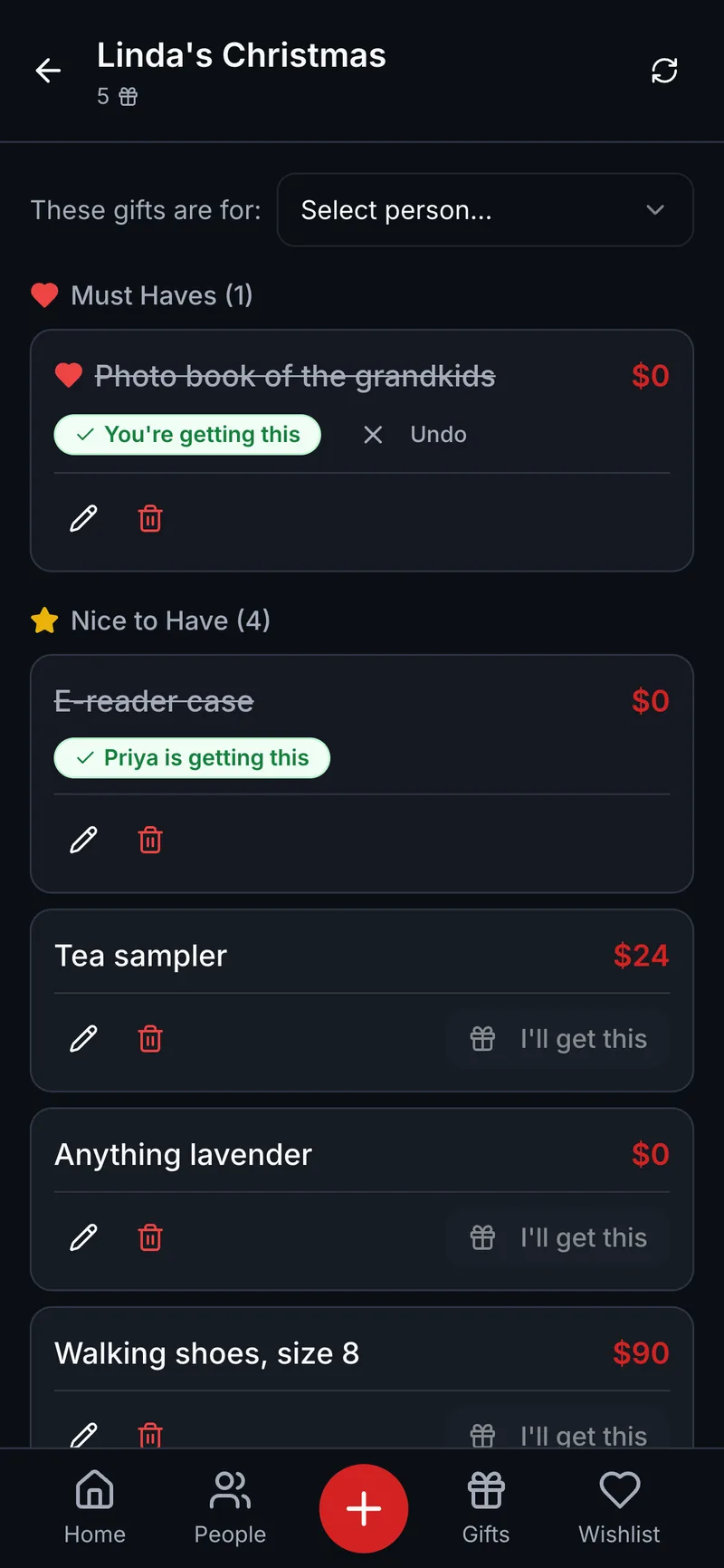 A family member's wishlist where claimed items show who is getting them, hidden from the list owner