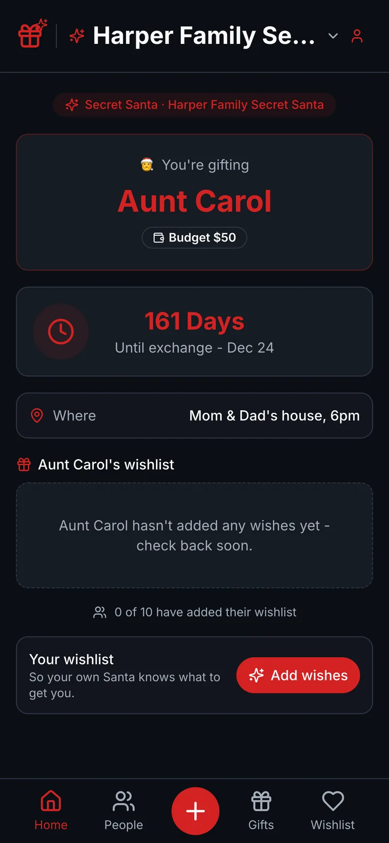 Secret Santa reveal screen showing who you drew, the budget, and exchange details
